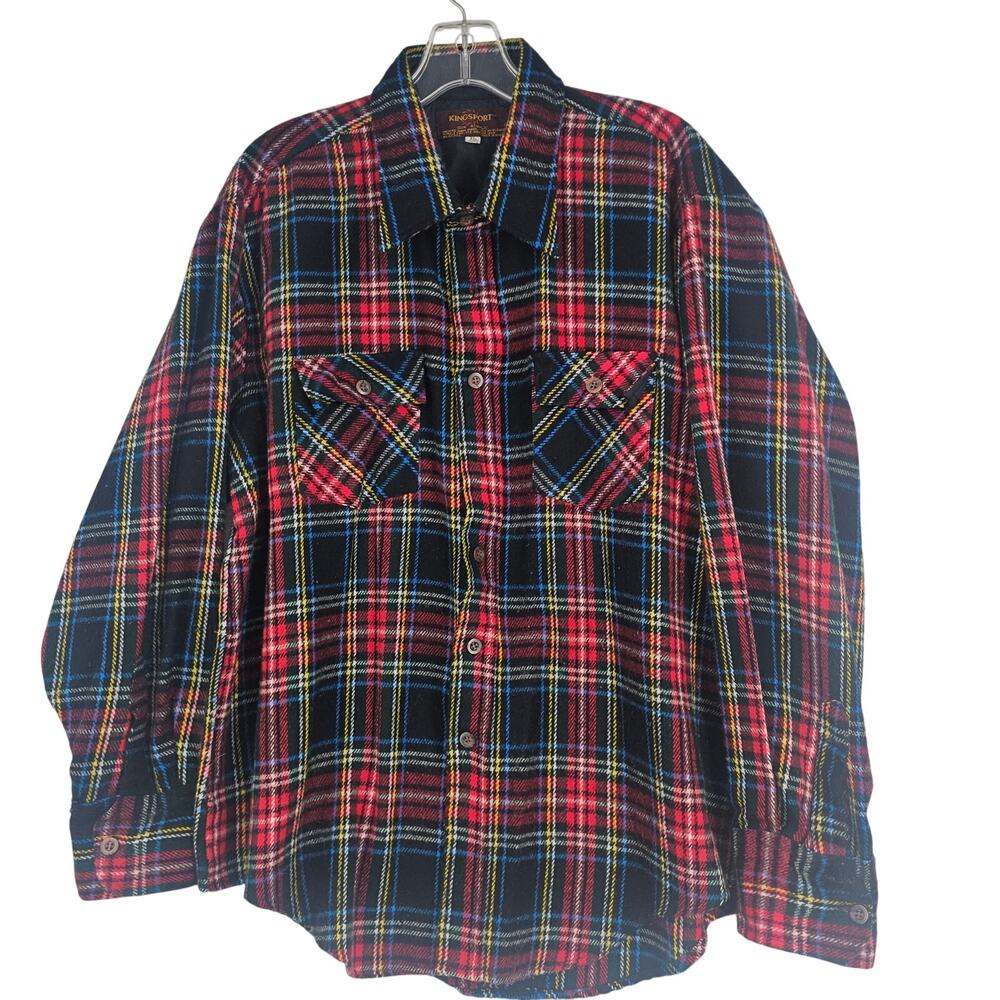 Vintage 80's Kingsport Heavyweight Red Black Plaid Flannel Shirt XL 3661